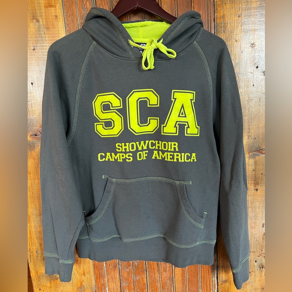 Gray & Neon Yellow Showchoir Camps of America SCA Hoodie Sweatshirt 
Size S
